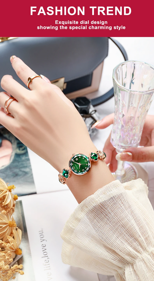 Green Pink Rhinestone Watches Rotating Dial Crystal Quartz Watch Ladies Bracelet Wristwatches