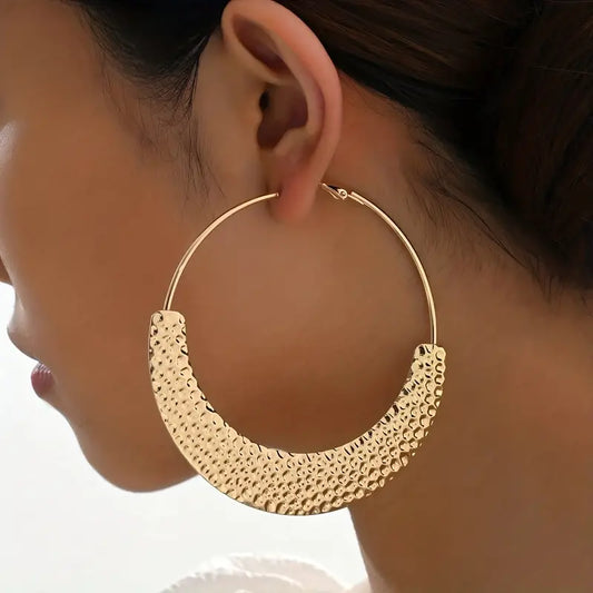 Exaggerated Large Hollow Round Hoop Earrings With Hammered Alloy Jewelry Simple Vintage Style For Women Girls Party Ear Decor