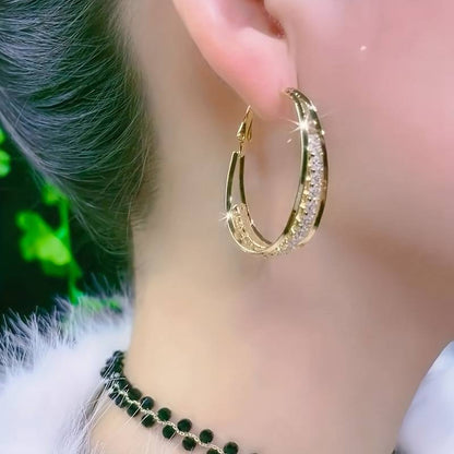 3-layer Shiny Rhinestone Decor Hoop Earrings Retro Elegant Style Zinc Alloy Jewelry Delicate Female Gift